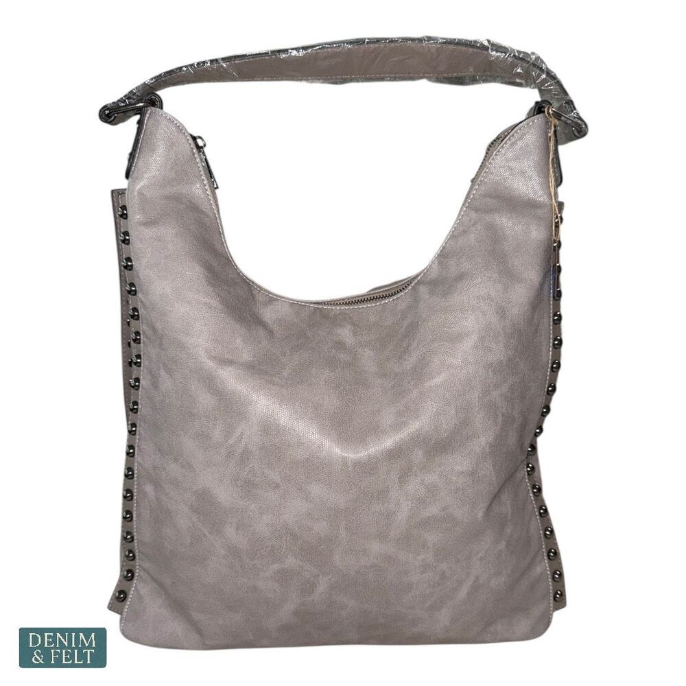 NEW Mellow World Gray Studded Hobo‎ Shoulder Bag Faux Leather Crossbody Strap